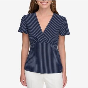 Tommy Hilfiger Women’s Striped Faux Wrap Sorry Sleeved Vneck Top